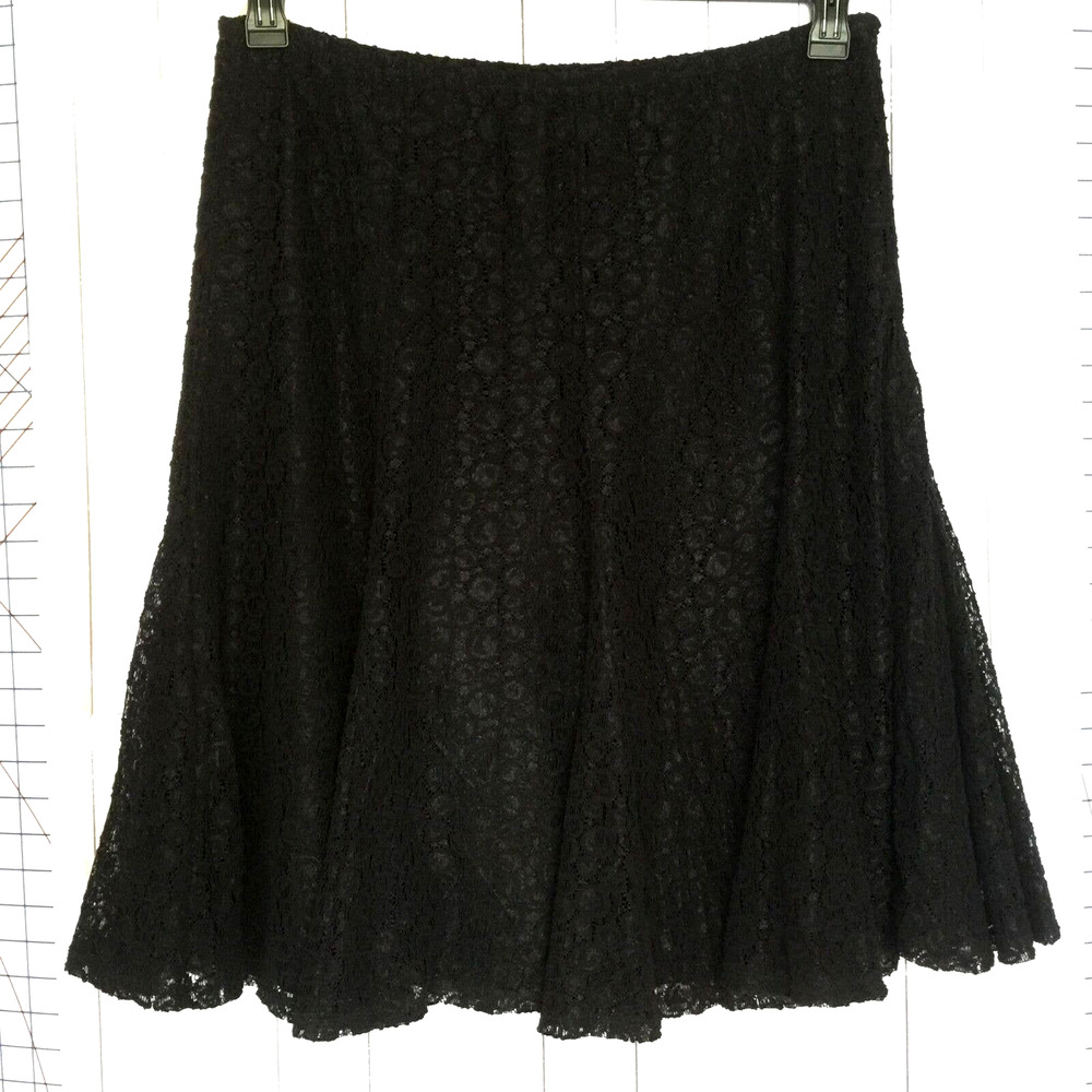 Black Lace Overlay Skirt Size 14 Lined Gypsy Boho Godet Hem Elastic Waist Zip